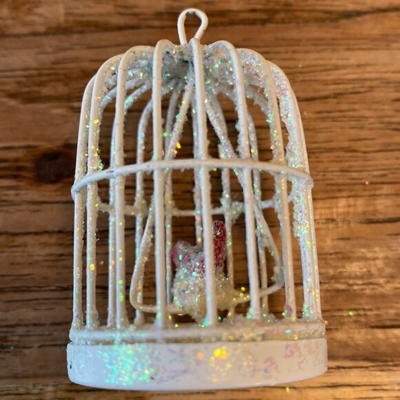 A Pair of White Wire Birdhouse Ornaments w/Red Birds on Swings - Picture 7 of 9